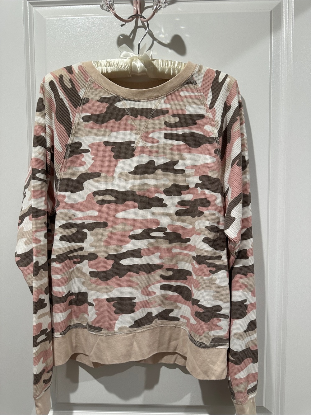 Lucky Brand Pink & Tan Camo Waffle Knit Top